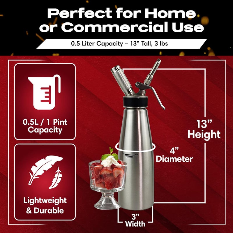 Chefmaster (1 Pint / 0.5 Liter) Stainless Steel Whipped Cream Dispenser - Decorating Tips for Desserts, Latte + Cleaning Brush - Whip Cream Dispenser Canister for Home, Bakery or Restaurant - 90078 - Image 3