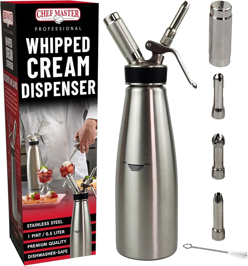 Chefmaster (1 Pint / 0.5 Liter) Stainless Steel Whipped Cream Dispenser - Decorating Tips for Desserts, Latte + Cleaning Brush - Whip Cream Dispenser Canister for Home, Bakery or Restaurant - 90078 - Image 1