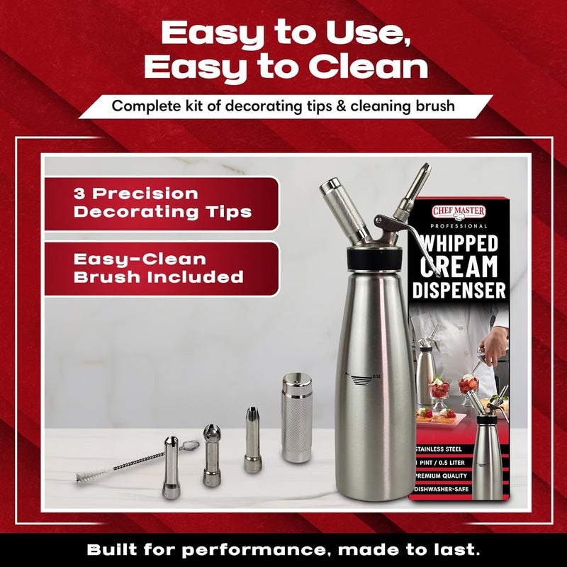 Chefmaster (1 Pint / 0.5 Liter) Stainless Steel Whipped Cream Dispenser - Decorating Tips for Desserts, Latte + Cleaning Brush - Whip Cream Dispenser Canister for Home, Bakery or Restaurant - 90078 - Image 4