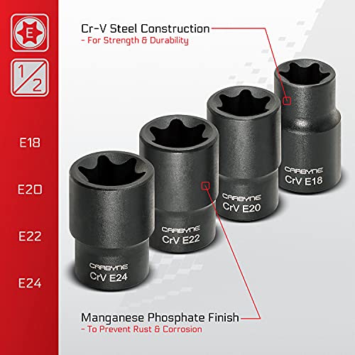 CARBYNE 13-Piece External Torx (eTorx, Female Torx) Socket Set, E4 to E24 | Chrome Vanadium Steel, 1/4, 3/8 & 1/2 inch Drive • From a Family-Run Tool Company Based in the U.S.A. - Image 3