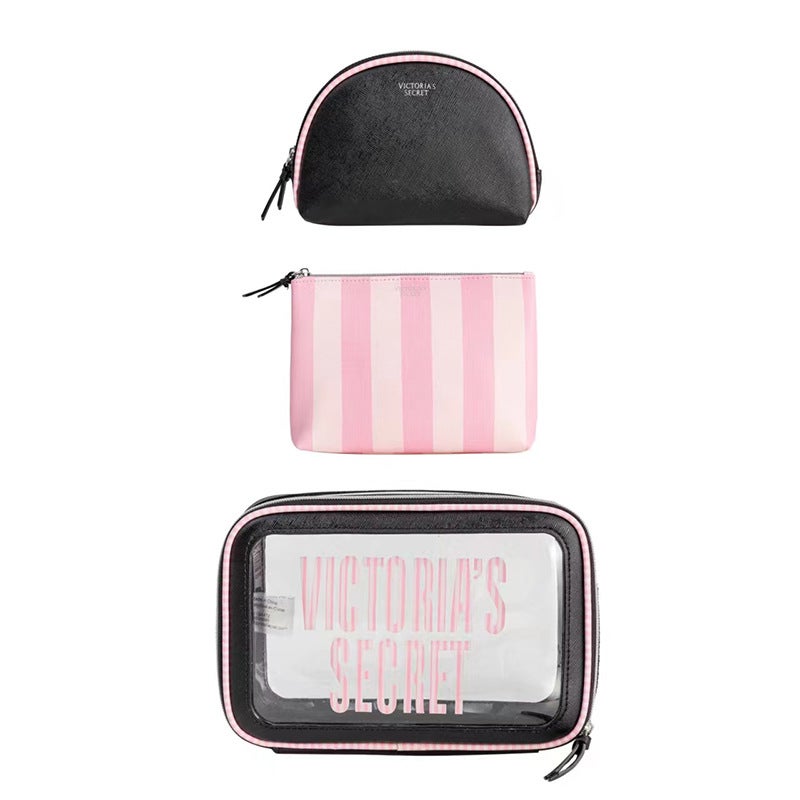 New PU Waterproof Striped Vanity Tote SetThree-Piece Set-Powder Pinstripe Three-Piece Set-Powder Pinstripe