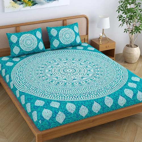 Colorish Cotton Blend Double Bedsheet Jaipuri Printed Mandala King Size Bed Sheet with 2 Pillow Covers - Sea Green - Image 1