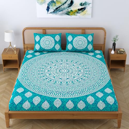 Colorish Cotton Blend Double Bedsheet Jaipuri Printed Mandala King Size Bed Sheet with 2 Pillow Covers - Sea Green - Image 5