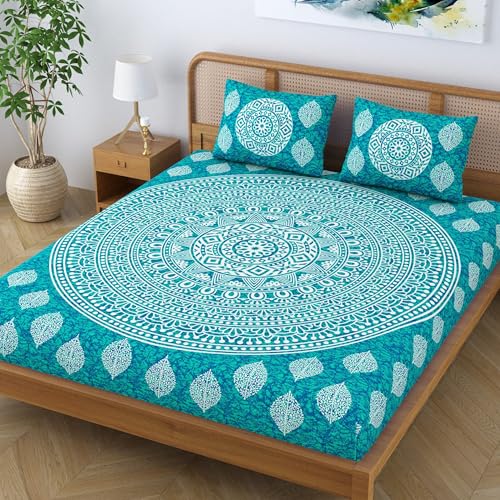 Colorish Cotton Blend Double Bedsheet Jaipuri Printed Mandala King Size Bed Sheet with 2 Pillow Covers - Sea Green - Image 3