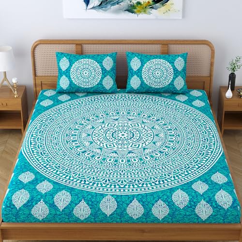 Colorish Cotton Blend Double Bedsheet Jaipuri Printed Mandala King Size Bed Sheet with 2 Pillow Covers - Sea Green - Image 2