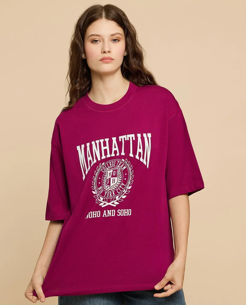 أر أند بي Printed Oversized T-Shirt With Crew Neck And Short Sleeves