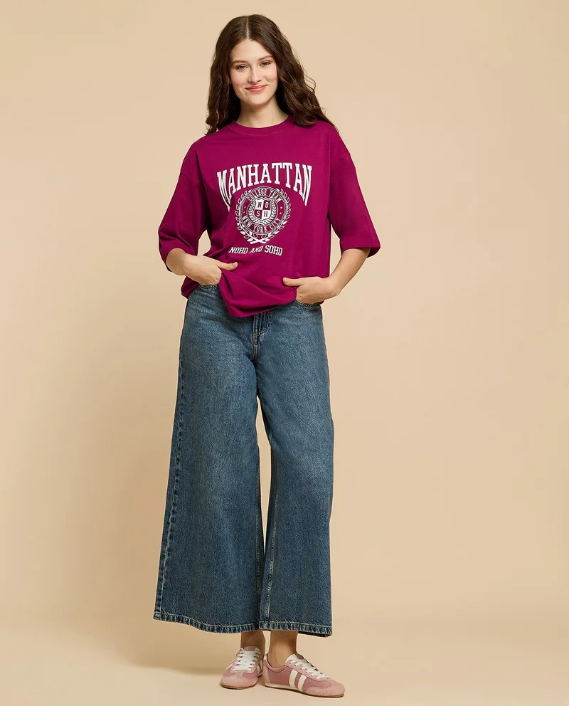 أر أند بي Printed Oversized T-Shirt With Crew Neck And Short Sleeves