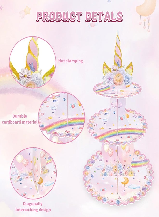 MOAXMOA Unicorn Cupcake Stand, 3-Tier Unicorn Rainbow Cupcake Holder Unicorn Birthday Decorations Cake Stand Cardboard Dessert Tower for Holiday, Birthday, Wedding Party - Image 4