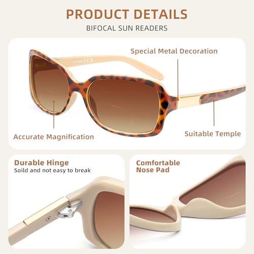 JM 2 Pack Classic Bifocal Reading Glasses Square Stylish Gradient Sunglasses Readers for Women +1.75 - Image 4