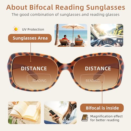 JM 2 Pack Classic Bifocal Reading Glasses Square Stylish Gradient Sunglasses Readers for Women +1.75 - Image 3