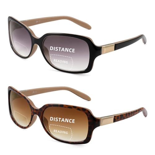 JM 2 Pack Classic Bifocal Reading Glasses Square Stylish Gradient Sunglasses Readers for Women +1.75 - Image 1