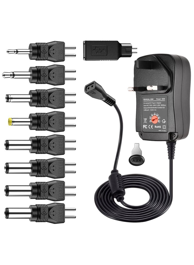 30W Universal AC to DC Power Adapter - Multi Output Voltages 3V 4.5V 5V 6V 7.5V 9V 12V Switching Power Supply with 8 Selectable Adapter Plugs for Routers Speakers Household Electronic (MAX 2A/2000mA) - Image 1