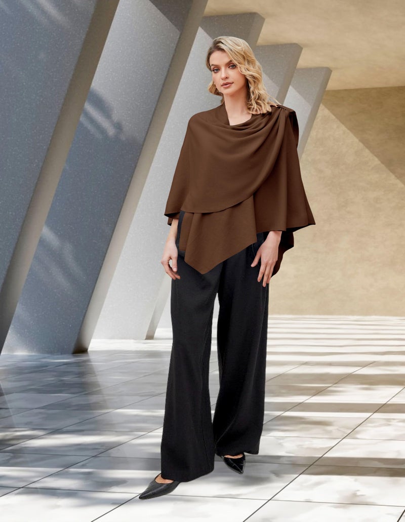 PULI Womens Large Cross Front Poncho Sweater Wrap Topper Knitted Elegant Shawls Cape for Fall Winter Caramel - Image 2