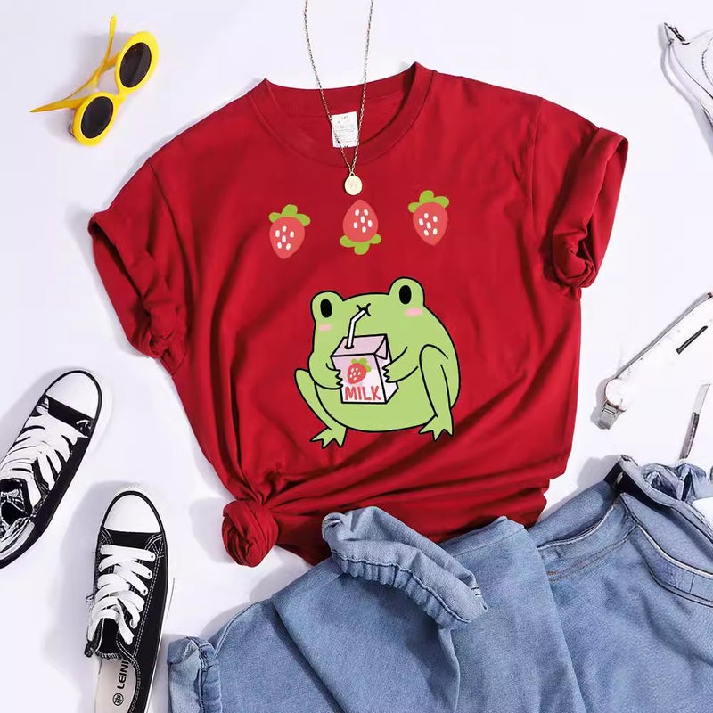 Green Frog Who Loves Strawberry Flavor Milk T-Shirt Women'S Sports Summer T-Shirt Street Trend - Image 3