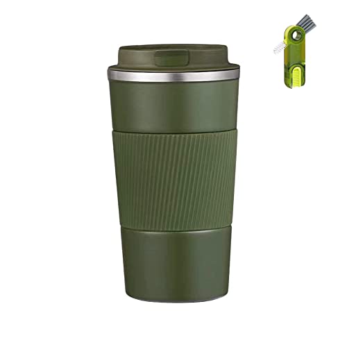 Wosta Travel Mug, Insulated Coffee Cup with Leakproof Lid,Vacuum Insulation Stainless Steel Reusable for Hot Cold Coffee, Non-Slip Protective Cover, (Army Green, 380 Ml & Cleaning Brush) - Image 1
