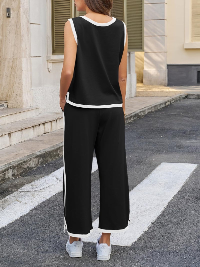 Fisoew Womens 2 Piece Outfits Summer Sleeveless Wide Leg Capris Tracksuits Casual Cotrast Colors Lounge Sets - Image 5