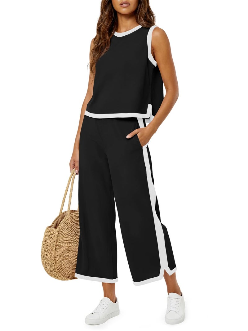Fisoew Womens 2 Piece Outfits Summer Sleeveless Wide Leg Capris Tracksuits Casual Cotrast Colors Lounge Sets - Image 1