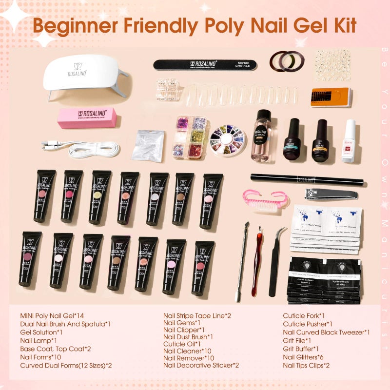 ROSALIND Poly Nail Gel Kit -14 Colors +72 Nail Art Accessories kit Clear Nude Poly Nails Gel Kit Starter Kit with Mini UV Lamp Slip Solution Basic Tools for Beginners with Everything - Image 2