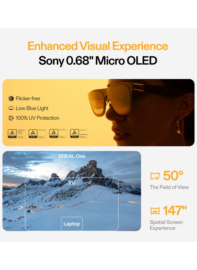 اكسريال - XREAL One AR Glasses with X1 Chip, Native 3 DoF, 147" 50°FOV 120Hz HD Display, Renowned Audio with Boss Sou, 3 Adjustable Lens Transparency, Compatible with iPhone 16/15, Steam Deck, ROG, Mac, PC, Android & iOS - Image 1
