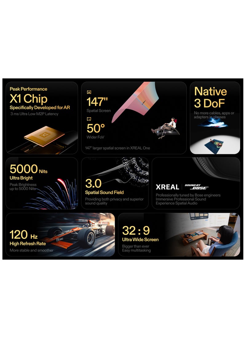 اكسريال - XREAL One AR Glasses with X1 Chip, Native 3 DoF, 147" 50°FOV 120Hz HD Display, Renowned Audio with Boss Sou, 3 Adjustable Lens Transparency, Compatible with iPhone 16/15, Steam Deck, ROG, Mac, PC, Android & iOS - Image 1