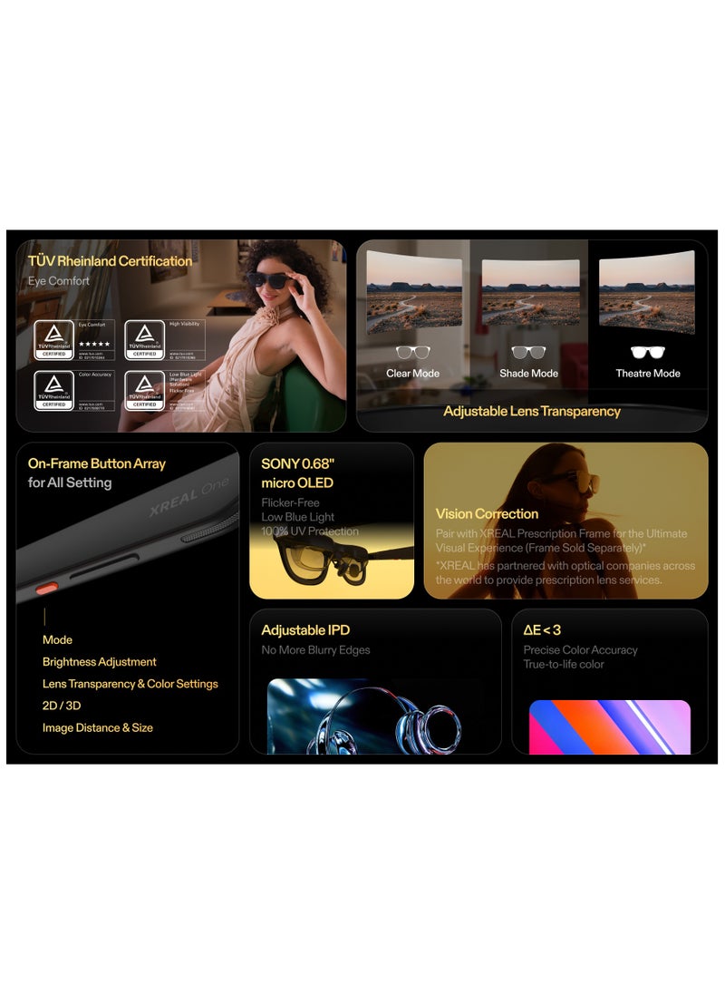 اكسريال - XREAL One AR Glasses with X1 Chip, Native 3 DoF, 147" 50°FOV 120Hz HD Display, Renowned Audio with Boss Sou, 3 Adjustable Lens Transparency, Compatible with iPhone 16/15, Steam Deck, ROG, Mac, PC, Android & iOS - Image 1