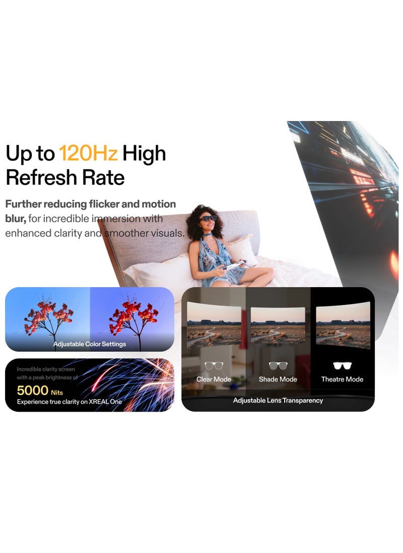 اكسريال - XREAL One AR Glasses with X1 Chip, Native 3 DoF, 147" 50°FOV 120Hz HD Display, Renowned Audio with Boss Sou, 3 Adjustable Lens Transparency, Compatible with iPhone 16/15, Steam Deck, ROG, Mac, PC, Android & iOS - Image 1