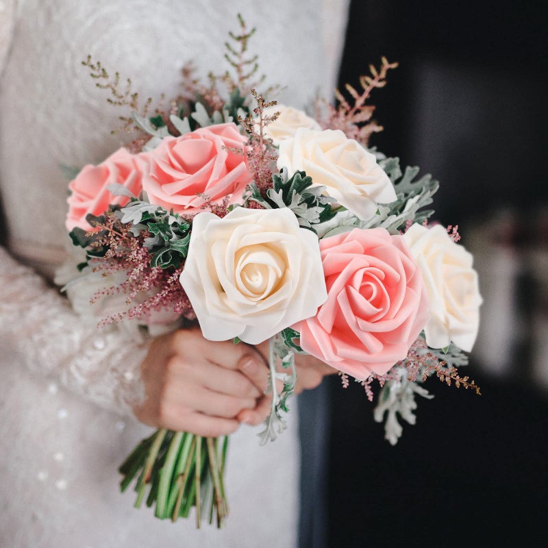 Luinabio 100 Pcs Artificial Flowers Real Looking Rose Flowers Foam Fake Roses with Leaves and Stems for DIY Wedding Bouquets Centerpieces Bridal Shower Party Home Decor(Pink  Champagne) - Image 5