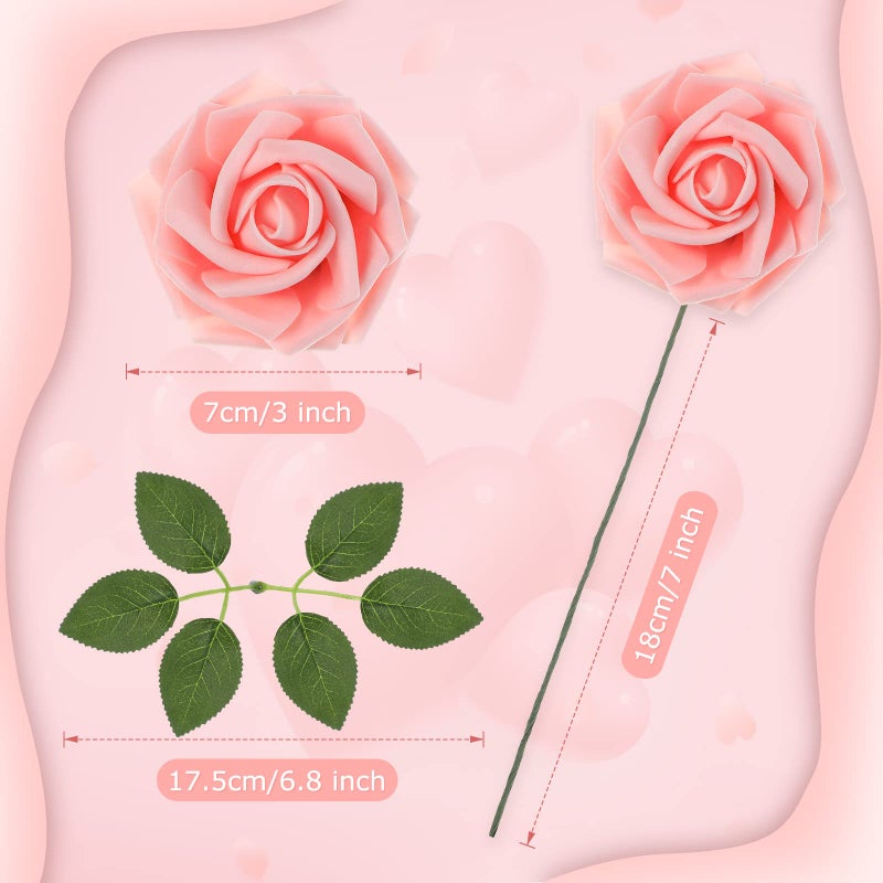 Luinabio 100 Pcs Artificial Flowers Real Looking Rose Flowers Foam Fake Roses with Leaves and Stems for DIY Wedding Bouquets Centerpieces Bridal Shower Party Home Decor(Pink  Champagne) - Image 2