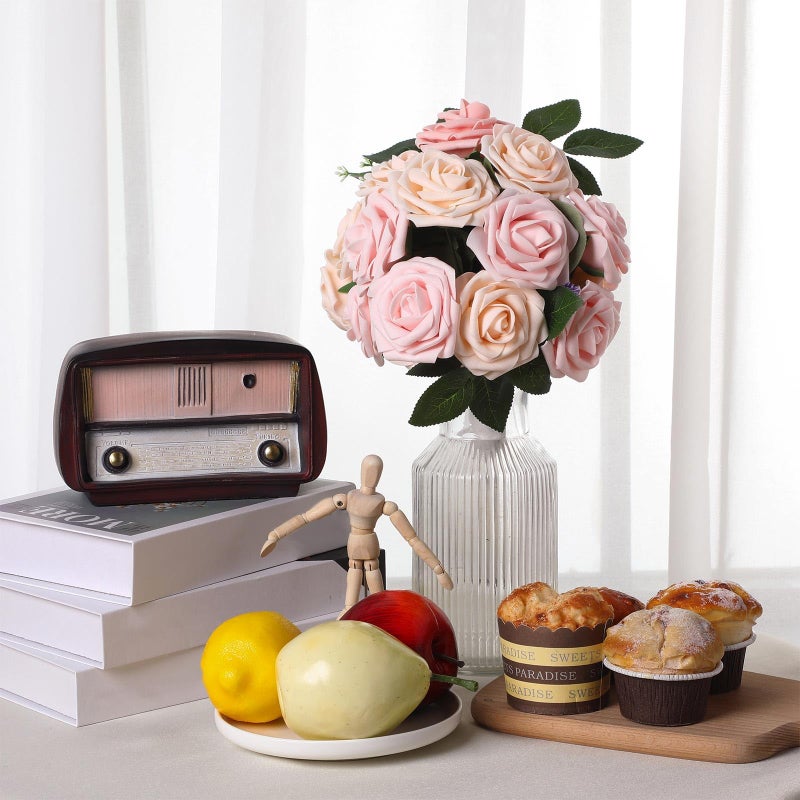 Luinabio 100 Pcs Artificial Flowers Real Looking Rose Flowers Foam Fake Roses with Leaves and Stems for DIY Wedding Bouquets Centerpieces Bridal Shower Party Home Decor(Pink  Champagne) - Image 4