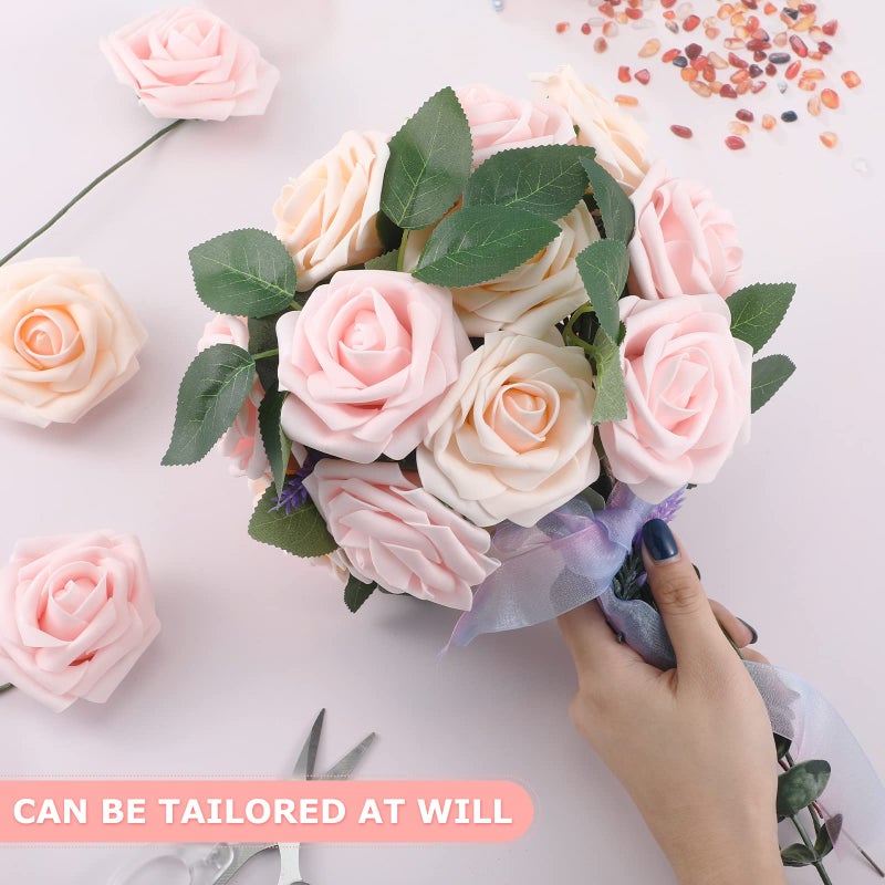 Luinabio 100 Pcs Artificial Flowers Real Looking Rose Flowers Foam Fake Roses with Leaves and Stems for DIY Wedding Bouquets Centerpieces Bridal Shower Party Home Decor(Pink  Champagne) - Image 3