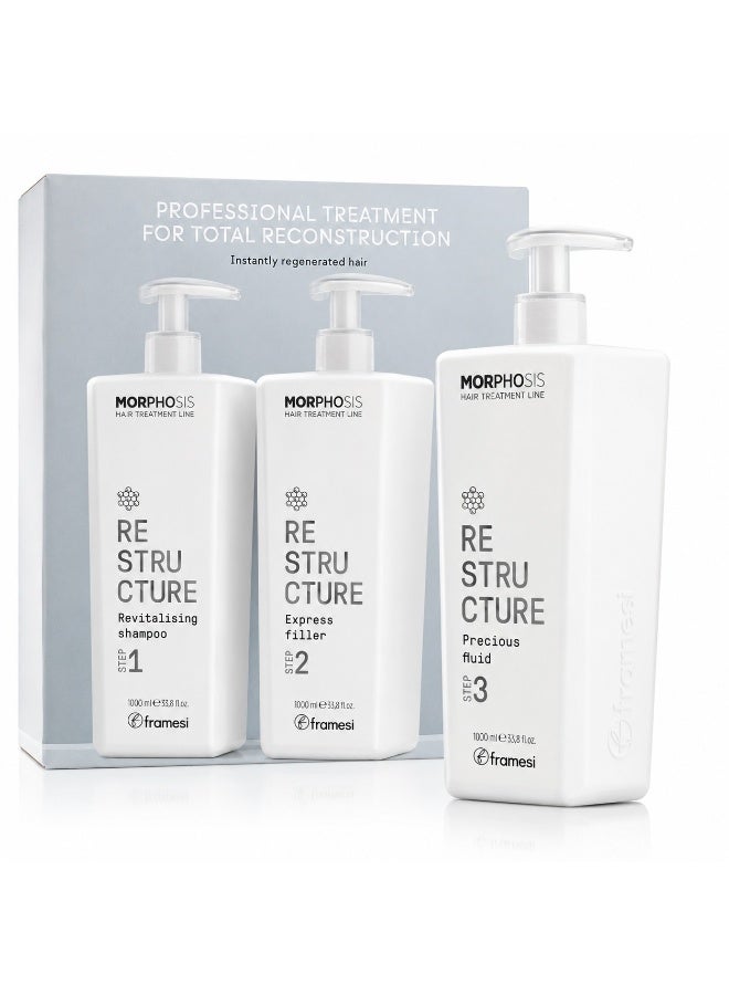 فراميسي مجموعة Framesi Morphosis Restructure لعلاج وإعادة بناء الشعر التالف - شامبو منشط Step 1 + إكسبريس فيلر Step 2 + سائل ثمين Step 3 - 1000 مل × 3 - Image 1