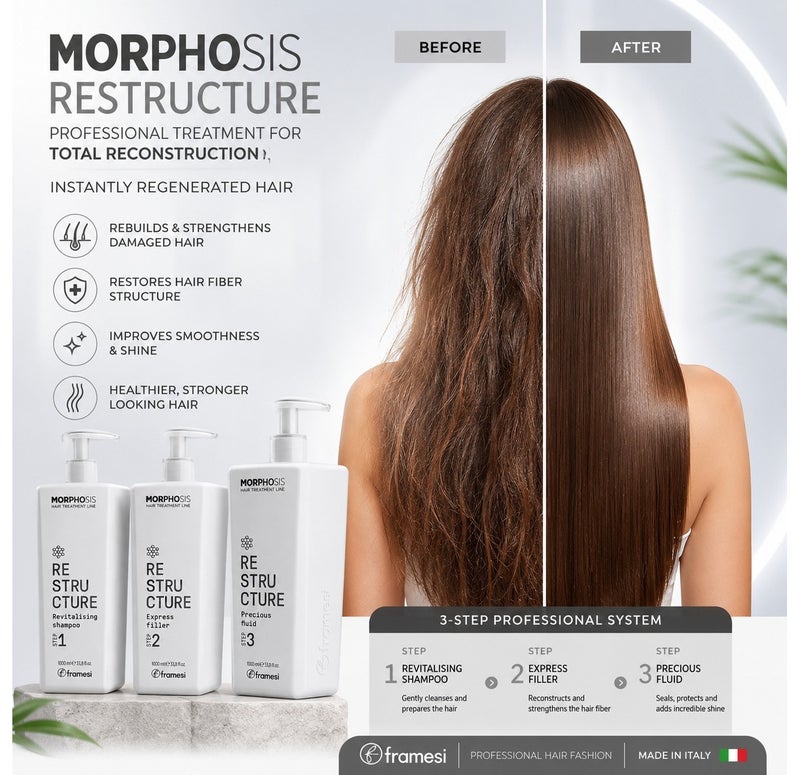 فراميسي مجموعة Framesi Morphosis Restructure لعلاج وإعادة بناء الشعر التالف - شامبو منشط Step 1 + إكسبريس فيلر Step 2 + سائل ثمين Step 3 - 1000 مل × 3 - Image 2