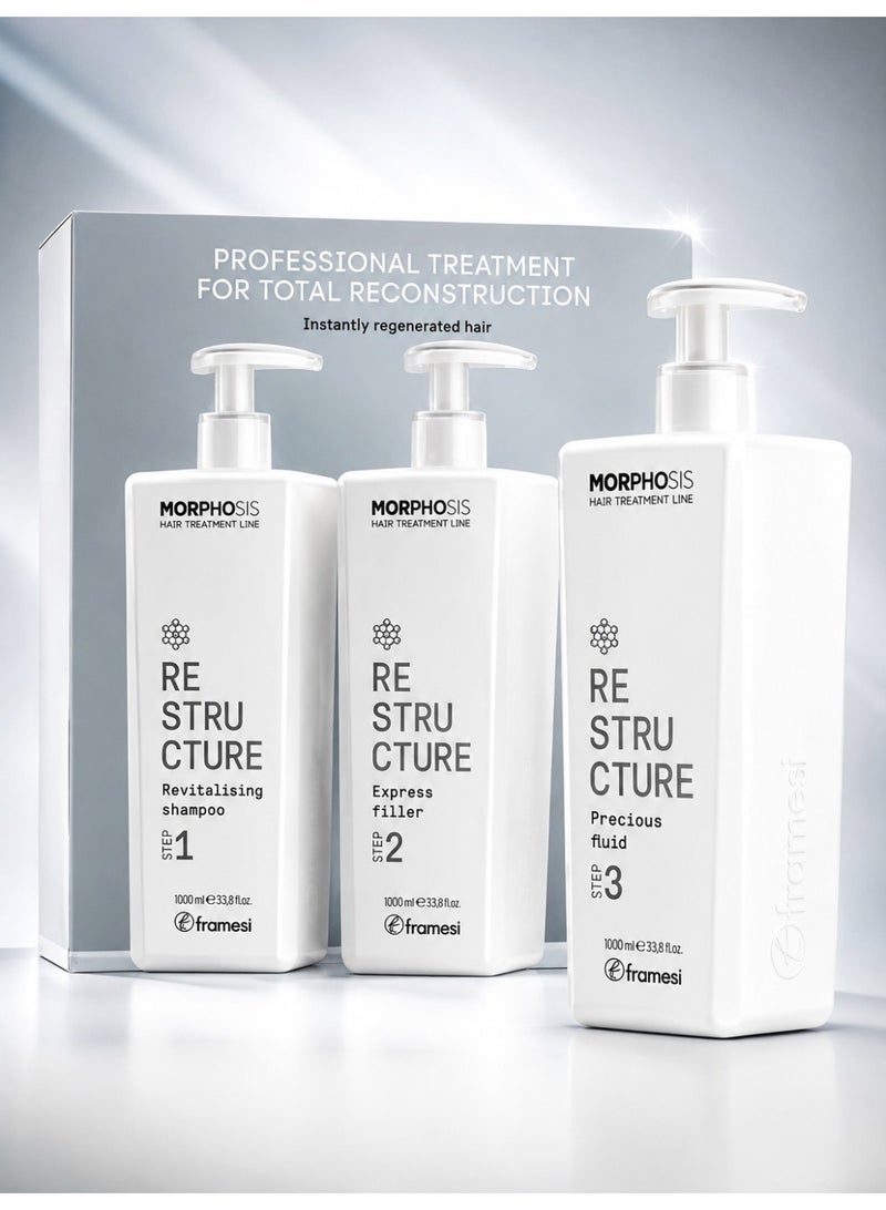 فراميسي مجموعة Framesi Morphosis Restructure لعلاج وإعادة بناء الشعر التالف - شامبو منشط Step 1 + إكسبريس فيلر Step 2 + سائل ثمين Step 3 - 1000 مل × 3 - Image 1