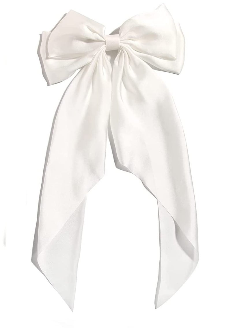 WHISKET - Hair Bow Clip, Big Satin Layered Hair Accessories for Women Girls,Barrette Hair Clip, Long Black Ribbon Bows. [PACK OF 1] (OFF WHITE) - Image 1