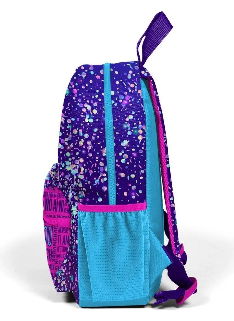 كورال هاي Blue Purple Pink Heart Patterned Two Compartment Kindergarten Backpack 23540