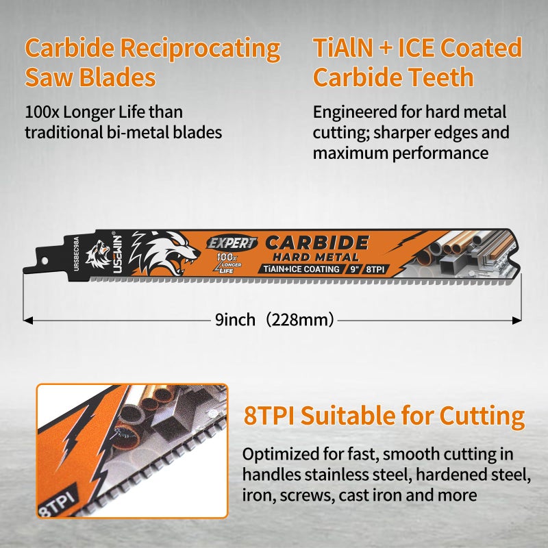 USEWIN Expert Carbide Reciprocating Saw Blade, 9 Inch 8TPI Saw Blades for Stainless Steel, Hardened Steel, Iron, Screws, Cast Iron, 3 Pack - Image 2