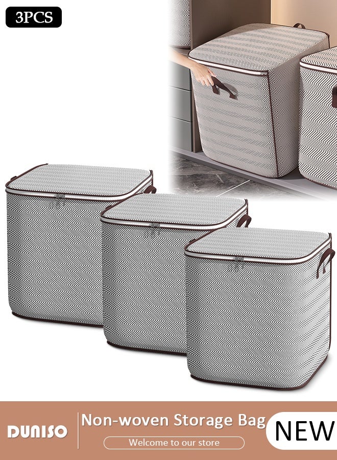 DUNISO 3 Pack Foldable Rigid Zip Lidded Closet Storage Box Washable Closet Storage Organizer Wardrobe Clothes Organizer Storage Bin Closet Organizer Storage Basket with Handle for Clothing Jeans Blankets Toys - Image 1