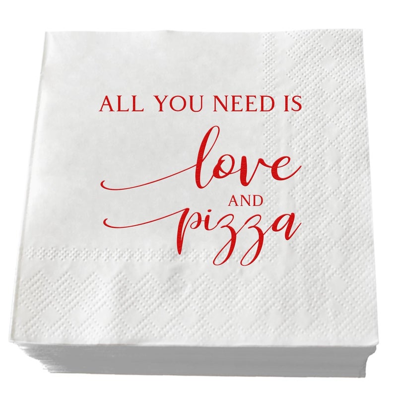 ZLPDS 50 Pcs Wedding Napkins Red Foil "All You Need is Love and Pizza" Paper Cocktail Napkins Bar Berverage Napkins for Engagement Rehearsal Dinner Luncheon Dinner Party Decorations 3-Ply - Image 1