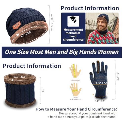MAYLISACC Winter Caps Hat Scarf and Glove 3 Pcs Set for Men, Slouchy Beanies for Guys with Mens Gloves with Touch Screen Navy - Image 2