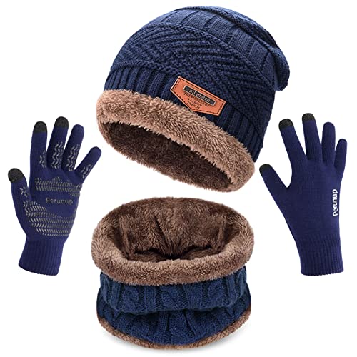 MAYLISACC Winter Caps Hat Scarf and Glove 3 Pcs Set for Men, Slouchy Beanies for Guys with Mens Gloves with Touch Screen Navy - Image 1