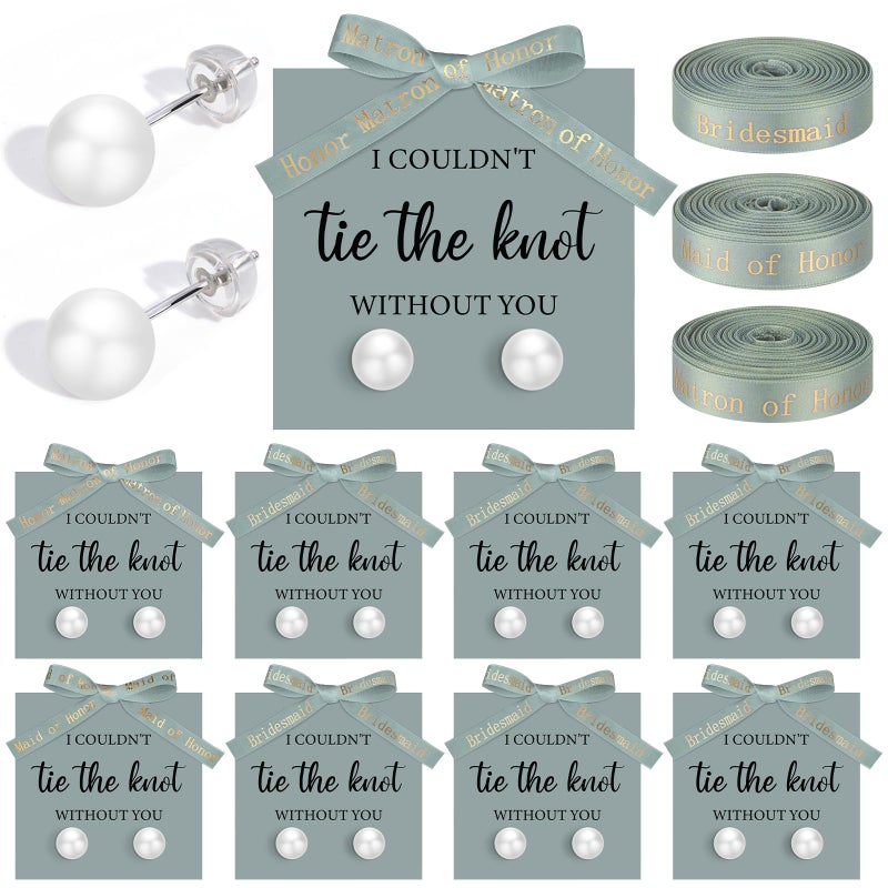 Highergo 8 Sets Bridesmaid Pearl Earrings Bridesmaid Proposal Gifts I Couldn't Tie the Knot Without You Jewelry Gifts Pearl Earrings for Wedding(Green) - Image 1