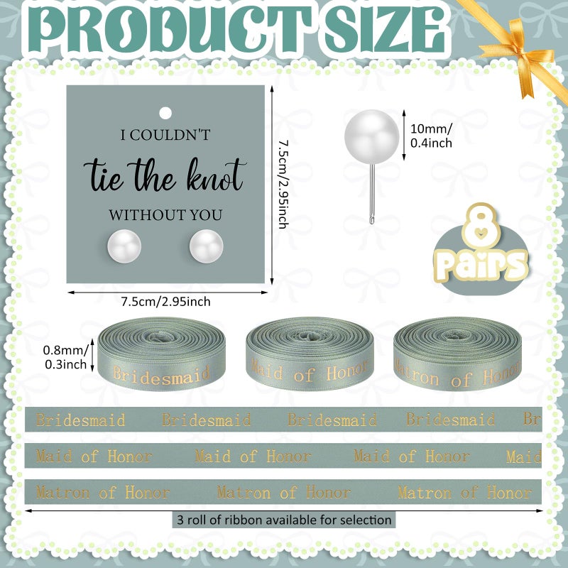 Highergo 8 Sets Bridesmaid Pearl Earrings Bridesmaid Proposal Gifts I Couldn't Tie the Knot Without You Jewelry Gifts Pearl Earrings for Wedding(Green) - Image 2