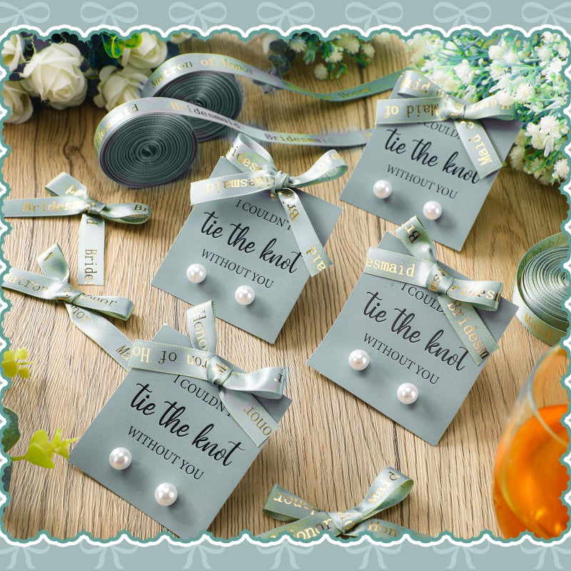 Highergo 8 Sets Bridesmaid Pearl Earrings Bridesmaid Proposal Gifts I Couldn't Tie the Knot Without You Jewelry Gifts Pearl Earrings for Wedding(Green) - Image 5