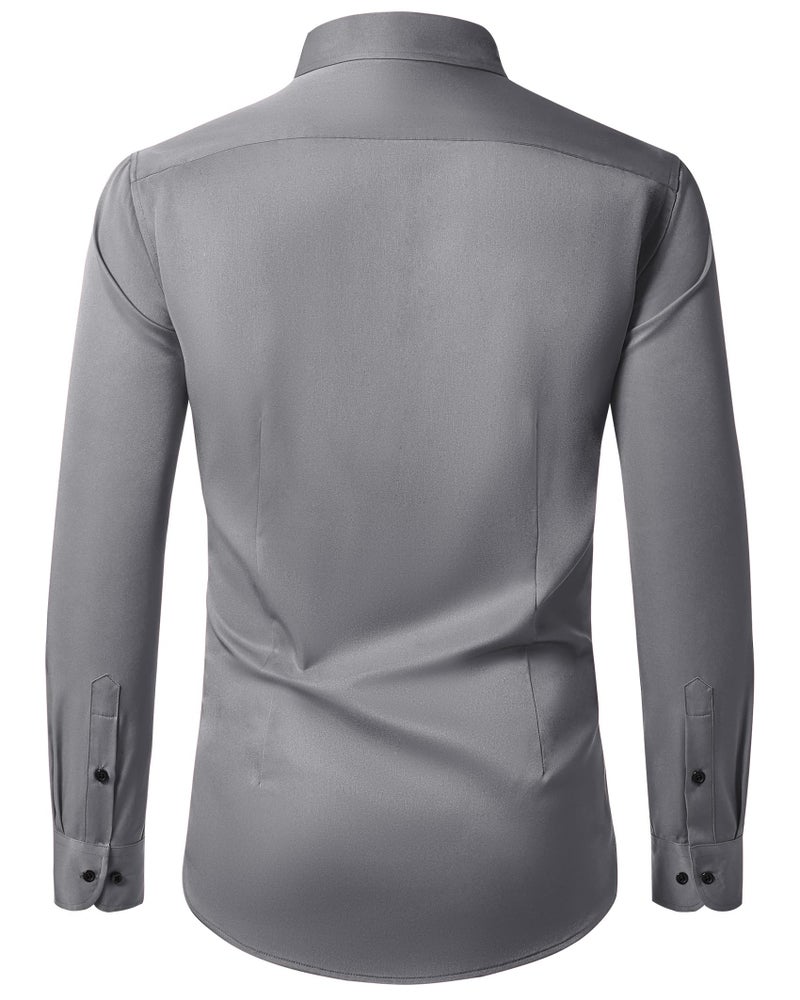 Lusead Men's Grey Dress Shirts Silver Long Sleeve Stretch Wrinkle Free Slim Fit Wedding Formal Button Down Shirt - Image 2