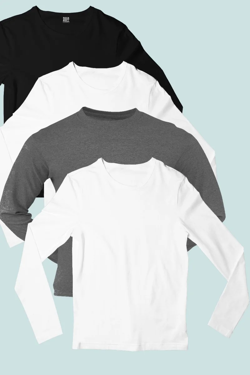 Plain 2 White, Black, Anthracite Long Sleeve Women's Combed Cotton T-Shirt 4-Piece Super Eco Pack