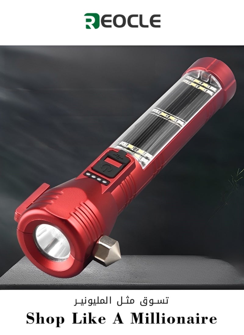 REOCLE - Car Flashlight High Lumens LED COB Light Solar Powered USB Rechargeable Tactical Multi-Function Torch Tool Siren Window Breaker Seat Belt Cutter for Camping - Image 1