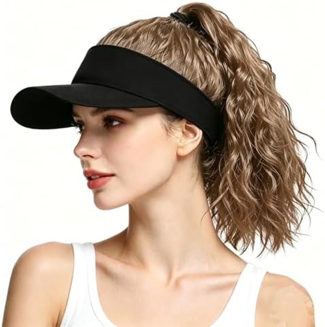 Ylucky Women's 12-Inch Curly Ponytail Visor Wig Hat with Synthetic Hair Extensions, Adjustable Black Sun Visor Baseball Beach Cap - Image 2
