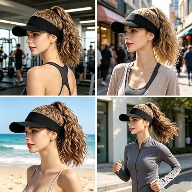 Ylucky Women's 12-Inch Curly Ponytail Visor Wig Hat with Synthetic Hair Extensions, Adjustable Black Sun Visor Baseball Beach Cap - Image 3