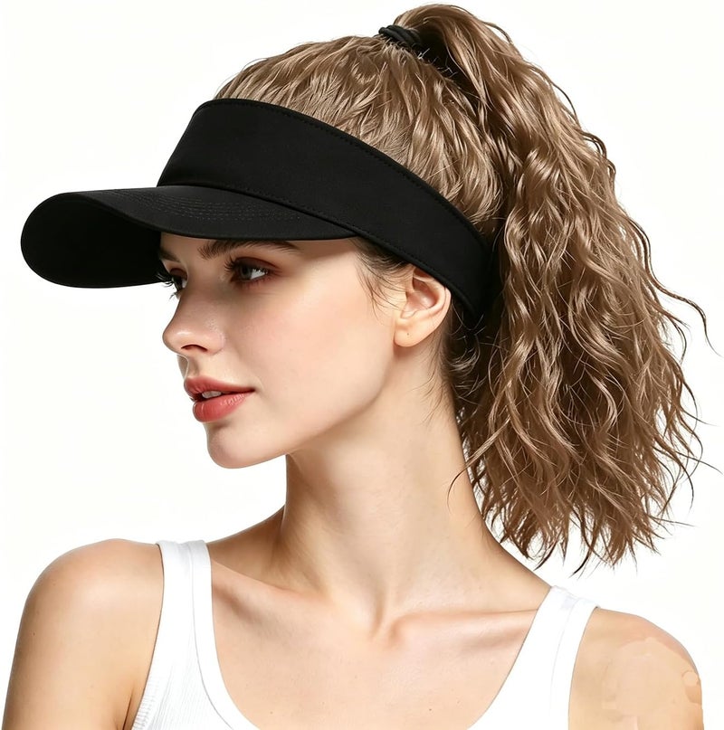 Ylucky Women's 12-Inch Curly Ponytail Visor Wig Hat with Synthetic Hair Extensions, Adjustable Black Sun Visor Baseball Beach Cap - Image 1