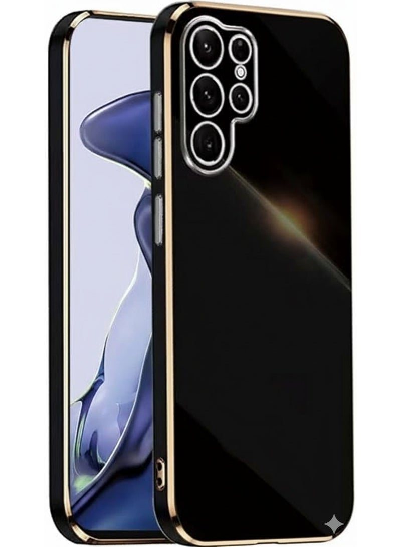 Compatible with Case for Samsung Galaxy S25 Ultra (6.8 Inches), Soft Silicone TPU Case, Gold Frame Design (Black)